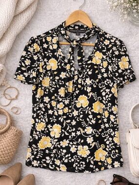 Adrienne Vittadini Floral Blouse XL Black Yellow Tie Neck